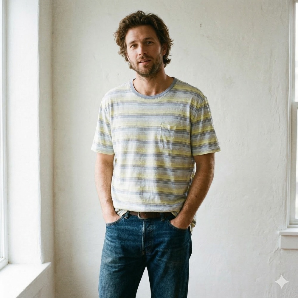 Patagonia Trail Harbor Pocket Tee Mens XXL Pale Yellow‎ Blue Stripe Hemp Cotton